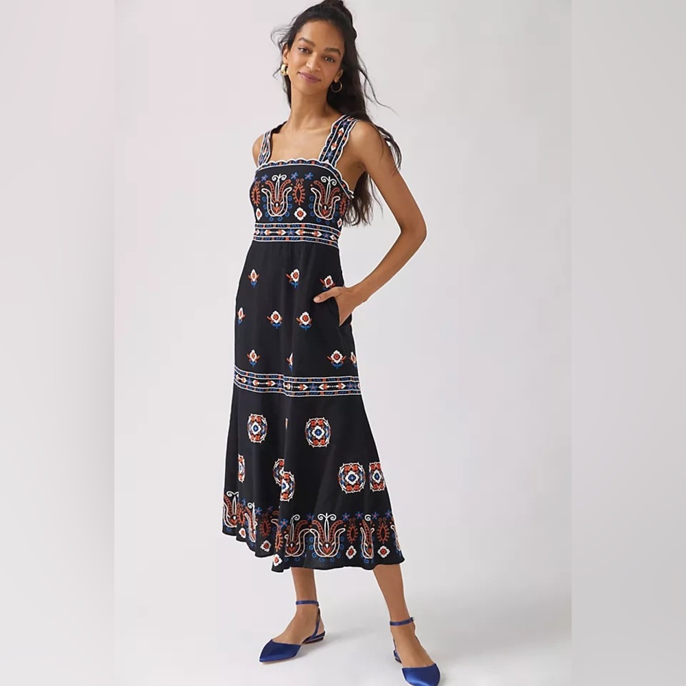 Anthropologie Embroidered Black Midi Dress | Size 10 US